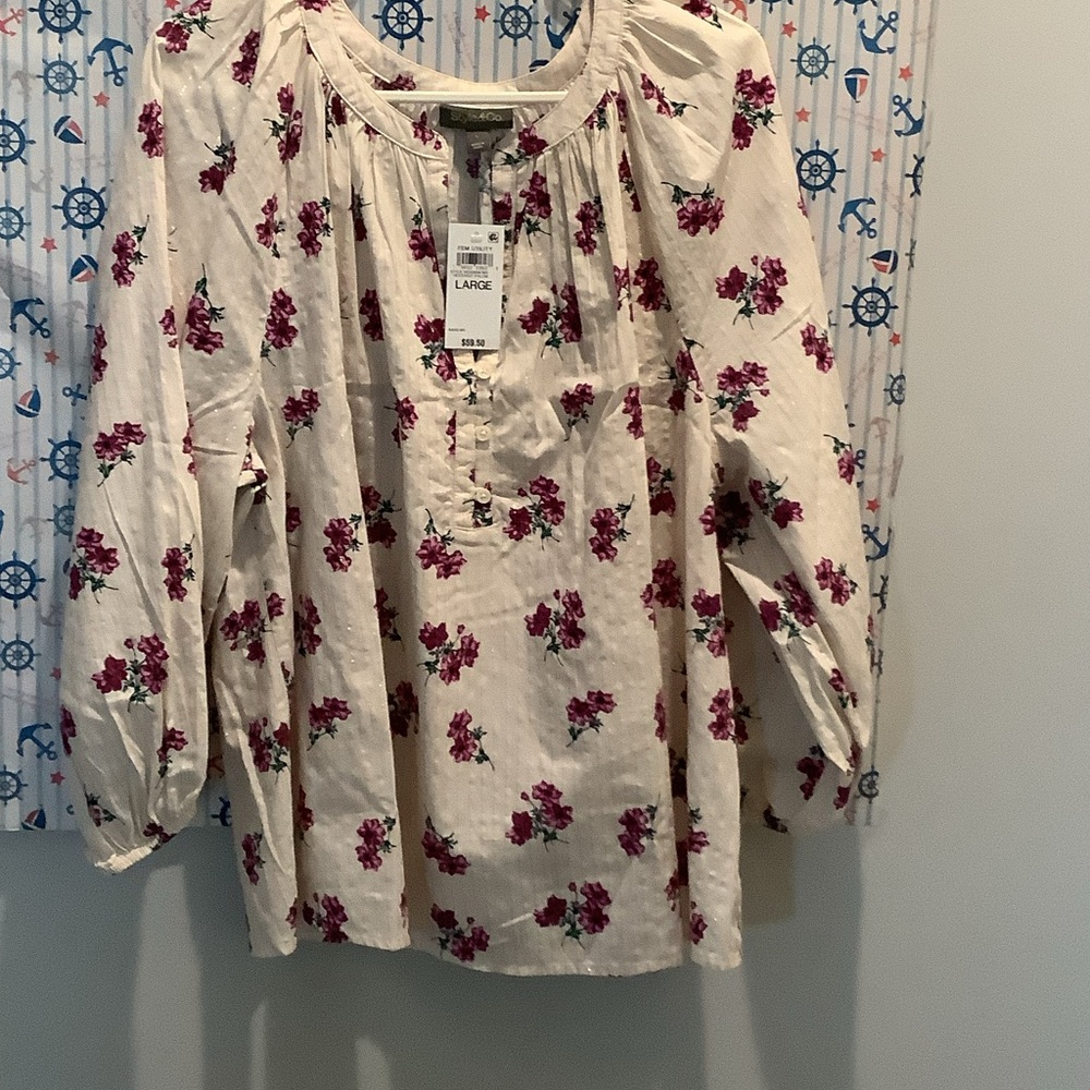 Style & Co. Cream Blouse with Pink Floral Design